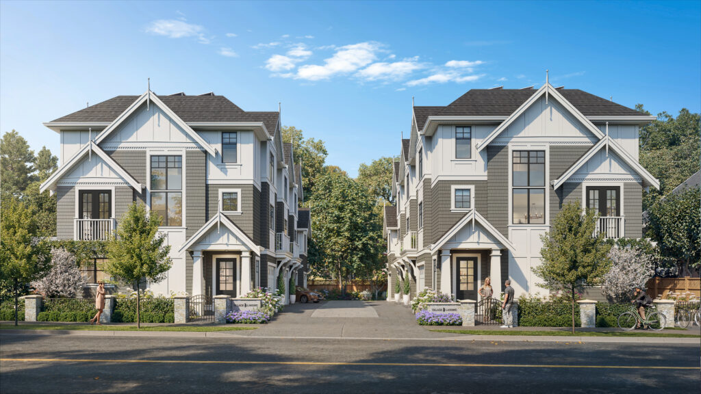 Street view rendering of Village Landing townhomes, a boutique new-construction development near Oak Bay Village.