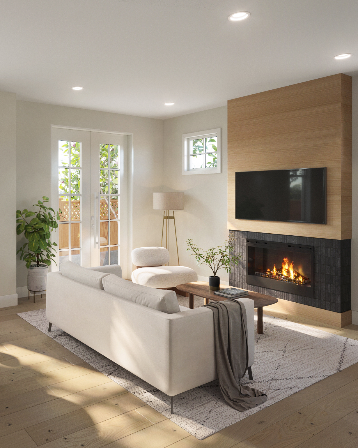 Living Room Design with couch, tv, and fireplace