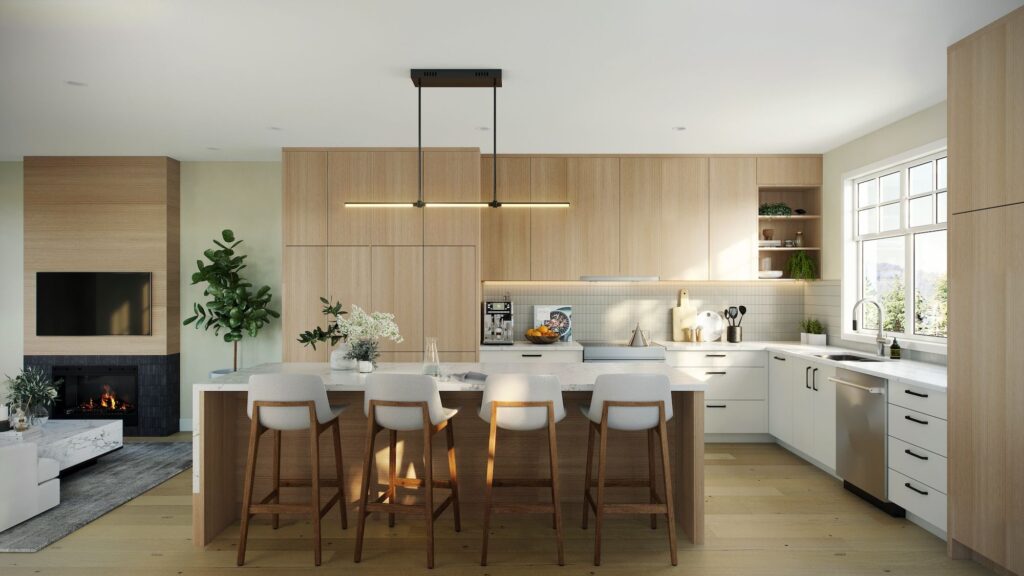 Kitchen with white oak cabinets and island