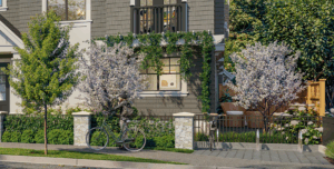 Cyclist passing Village Landing.