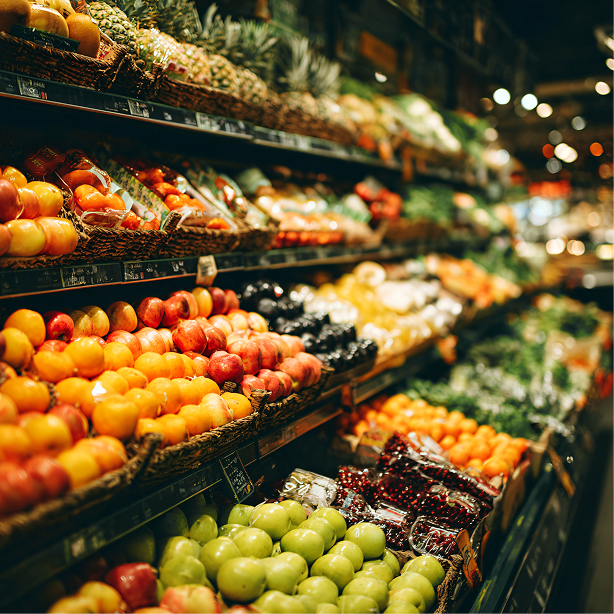 Grocery store produce shelf with fruit