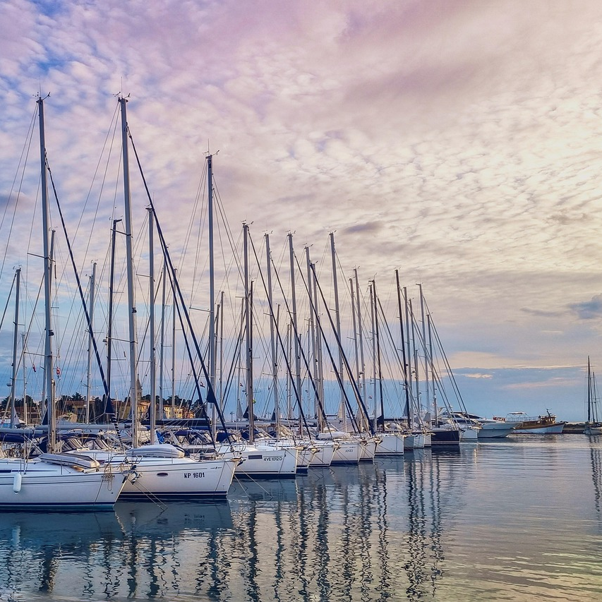 Sail boats in a marina at dusk