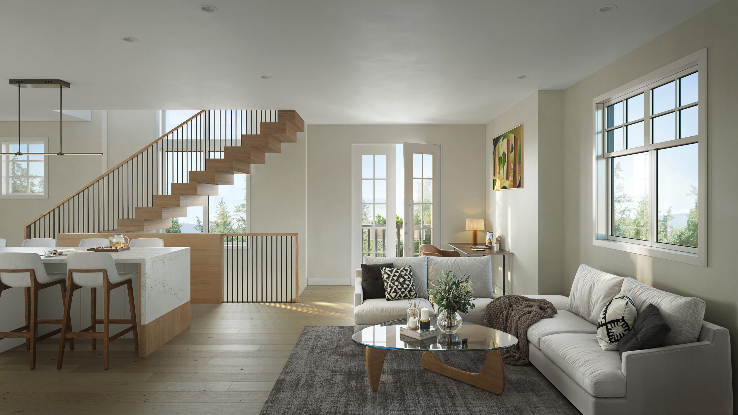Open-concept living and kitchen area at Village Landing with modern staircase, bright windows, and contemporary furnishings.