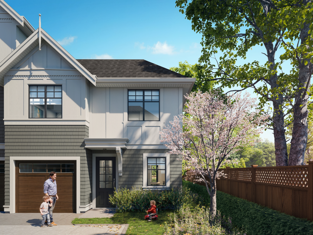 Rendering of the two-storey Village Landing townhome with private garage, landscaped yard, and family-friendly outdoor space.
