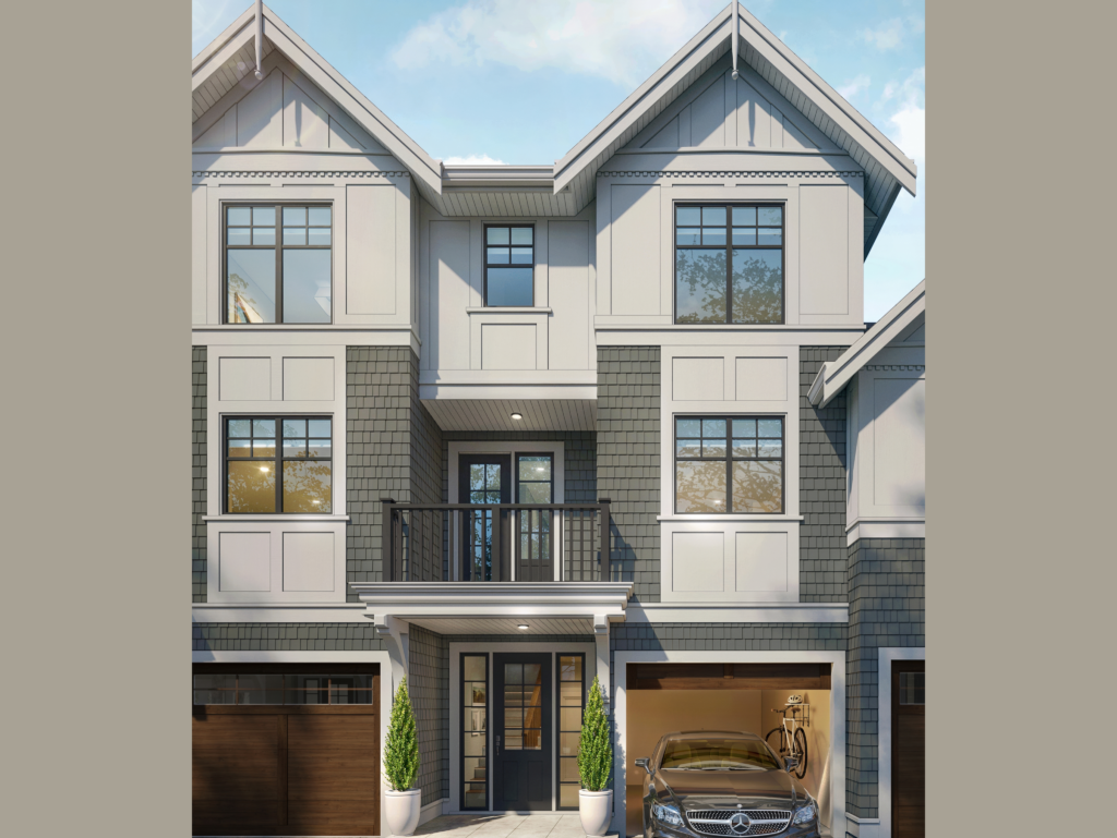 Front-facing rendering of Village Landing townhome units with private garages and modern architectural detailing.
