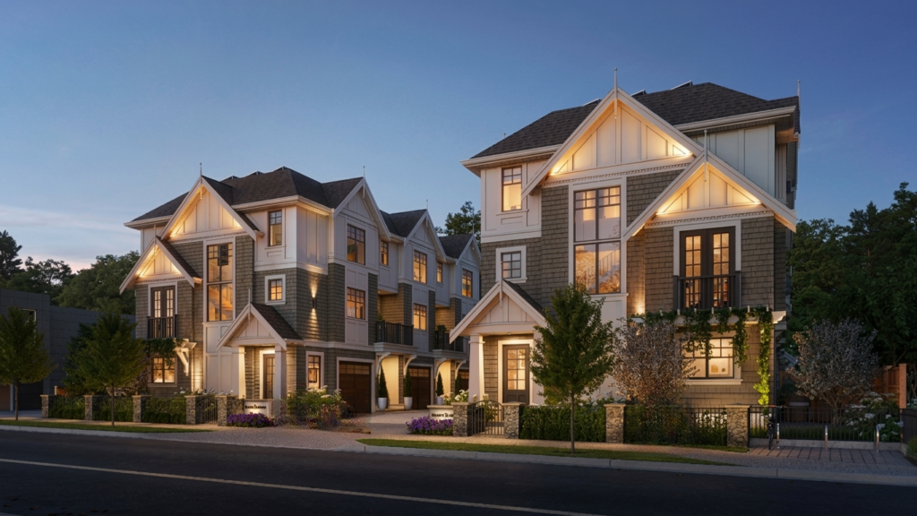 Warm evening street view of two buildings