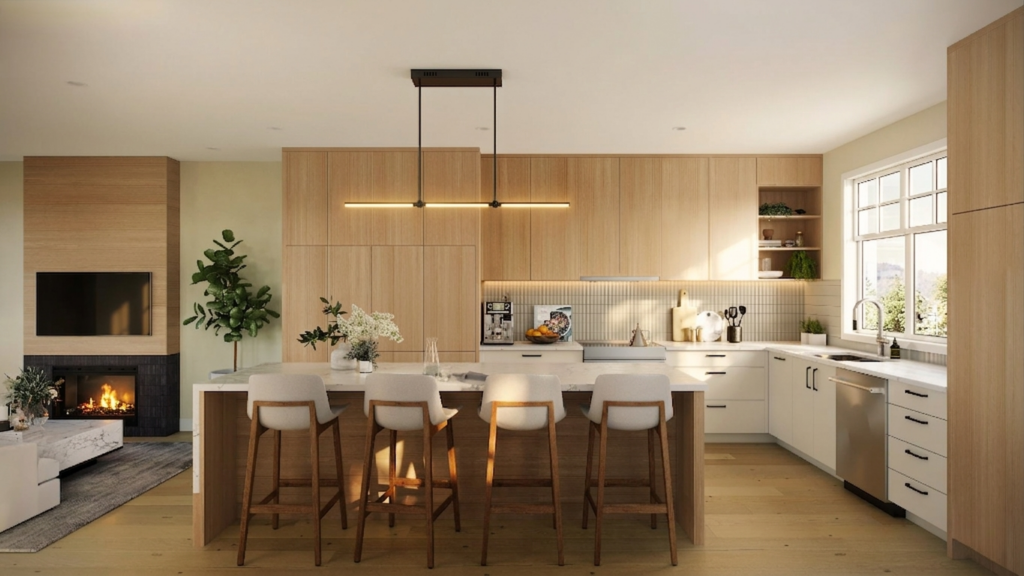 Unit 1 kitchen with warm light