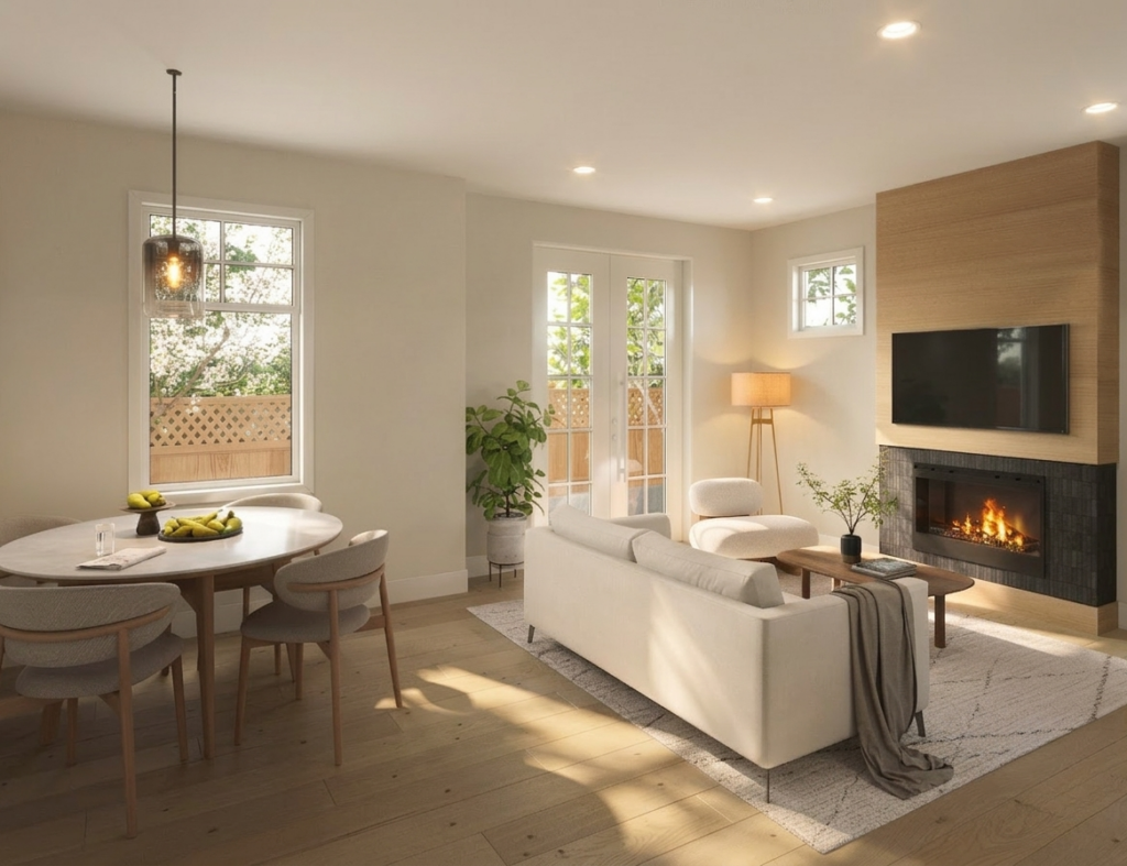 Living room with fireplace and kitchen table with warm light