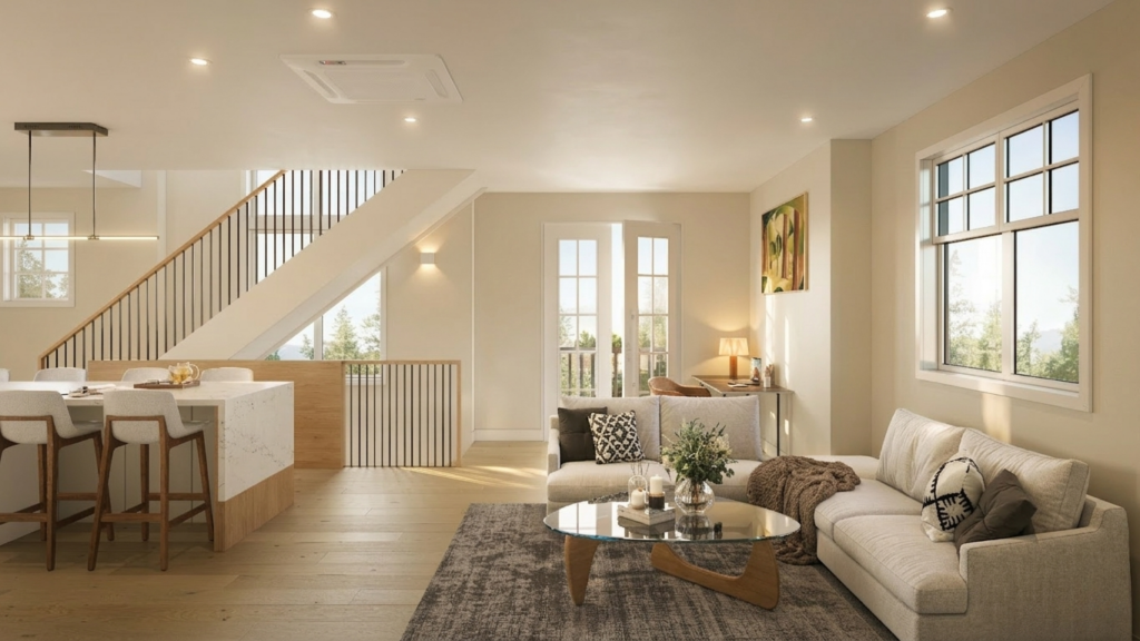 Living and Kitchen of Unit 1 with warm light